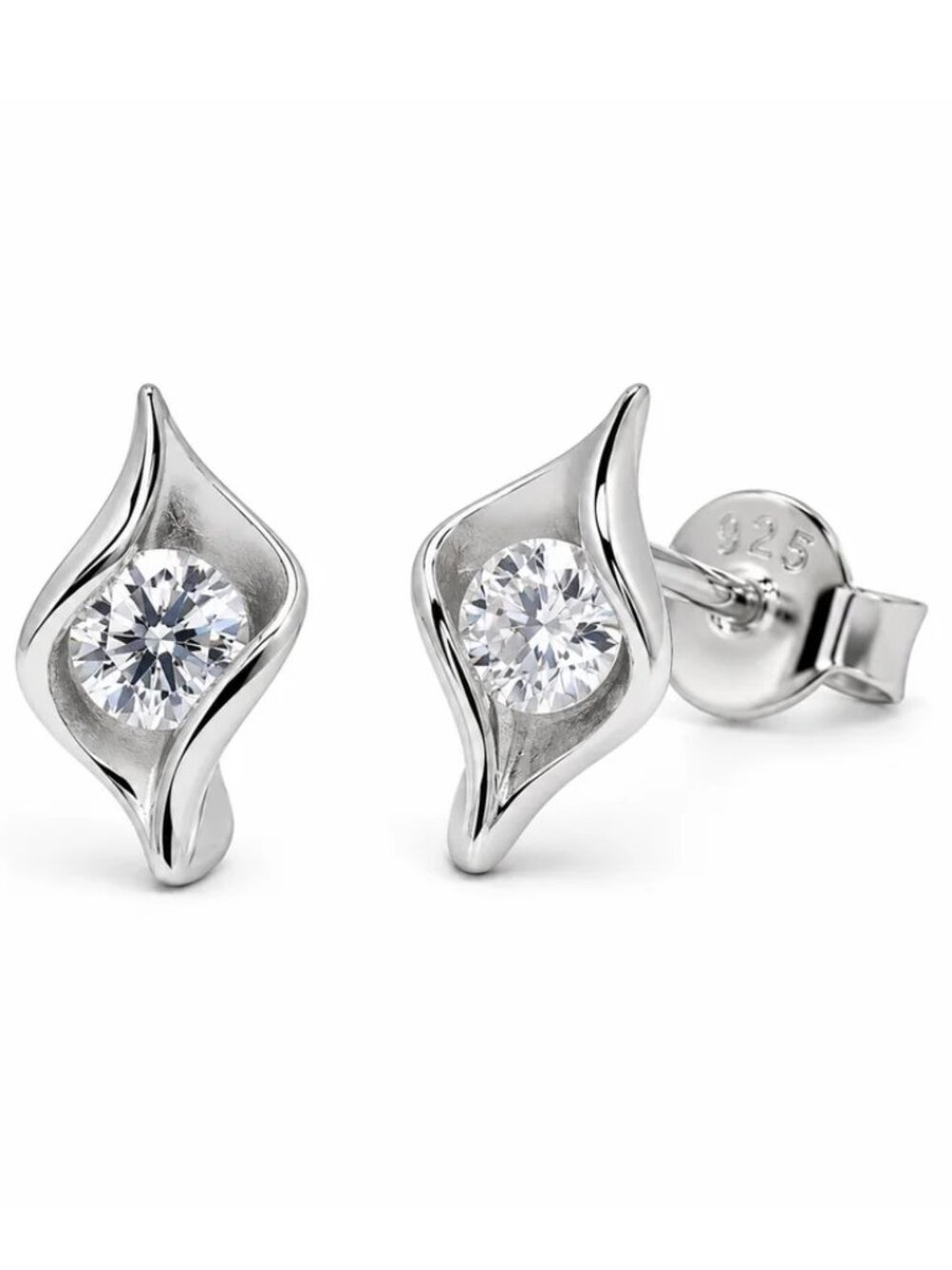 Sterling Silver 925 Rhodium Plated Clear Moissanite Wave Swirl Stud Earrings